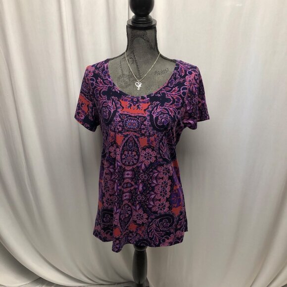 LuLaRoe Purple Pink Paisley Floral Top Womens Sz Medium Soft Short Sleeve Tunic - Picture 1 of 9